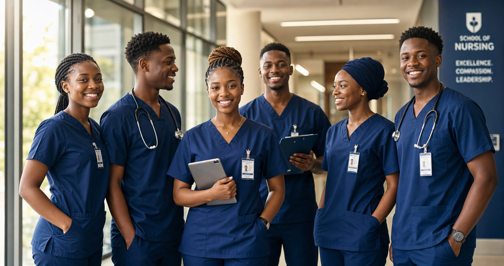 Diverse group of African nursing students, men and women, in navy scrubs with stethoscopes and ID badges at a modern school of nursing