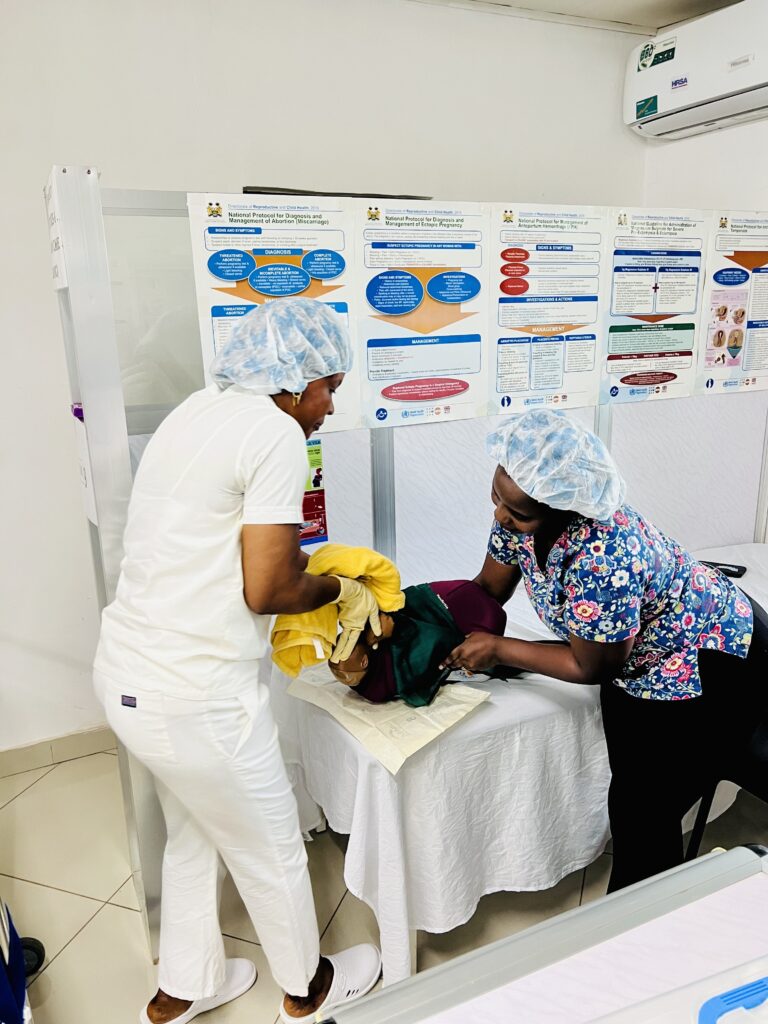 Nursing preceptor mentoring a student intern during a hands-on skills-lab simulation